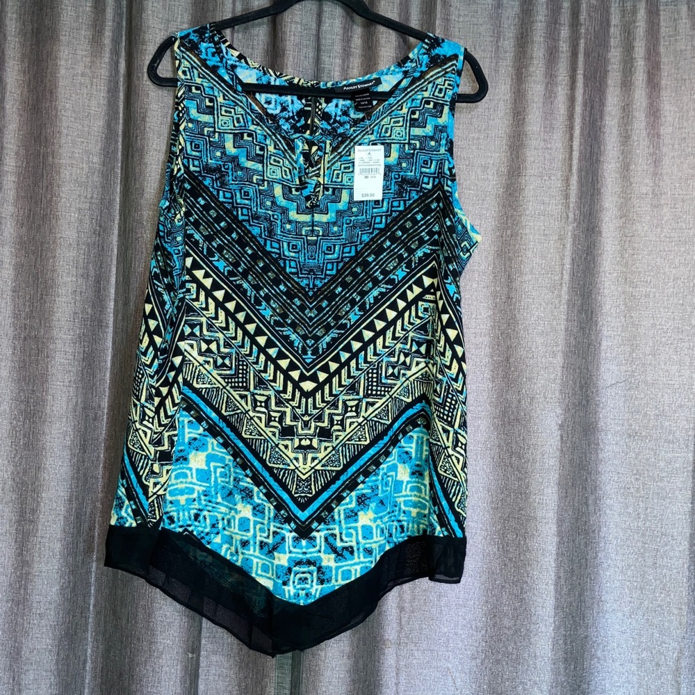 Ashley Stewart Vibrant Blue and Black Geometric Blouse